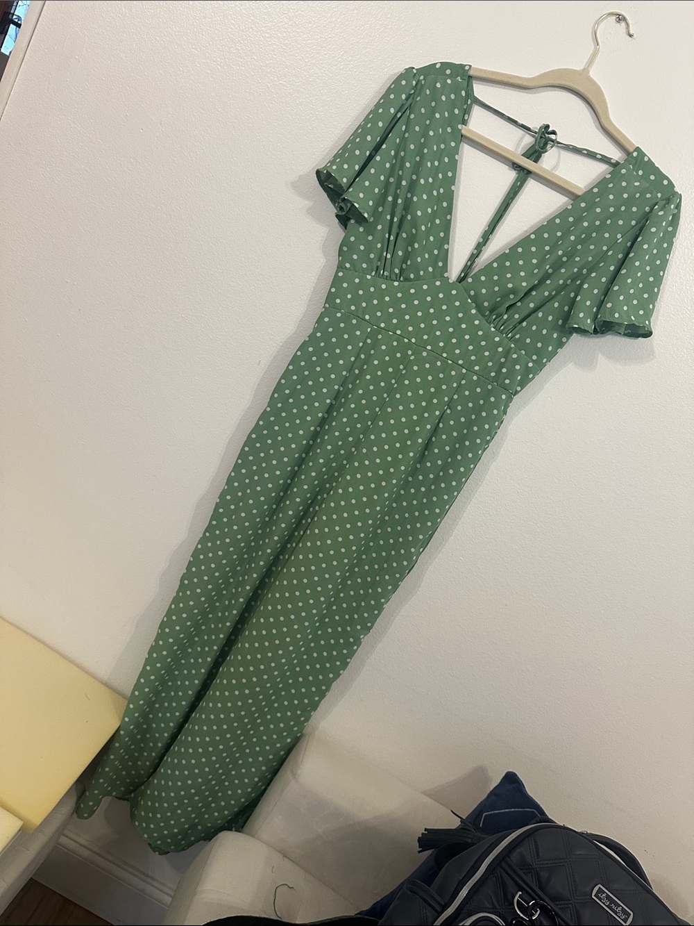 Sage Green Polka Dot Tie-Back Maxi Jumpsuit